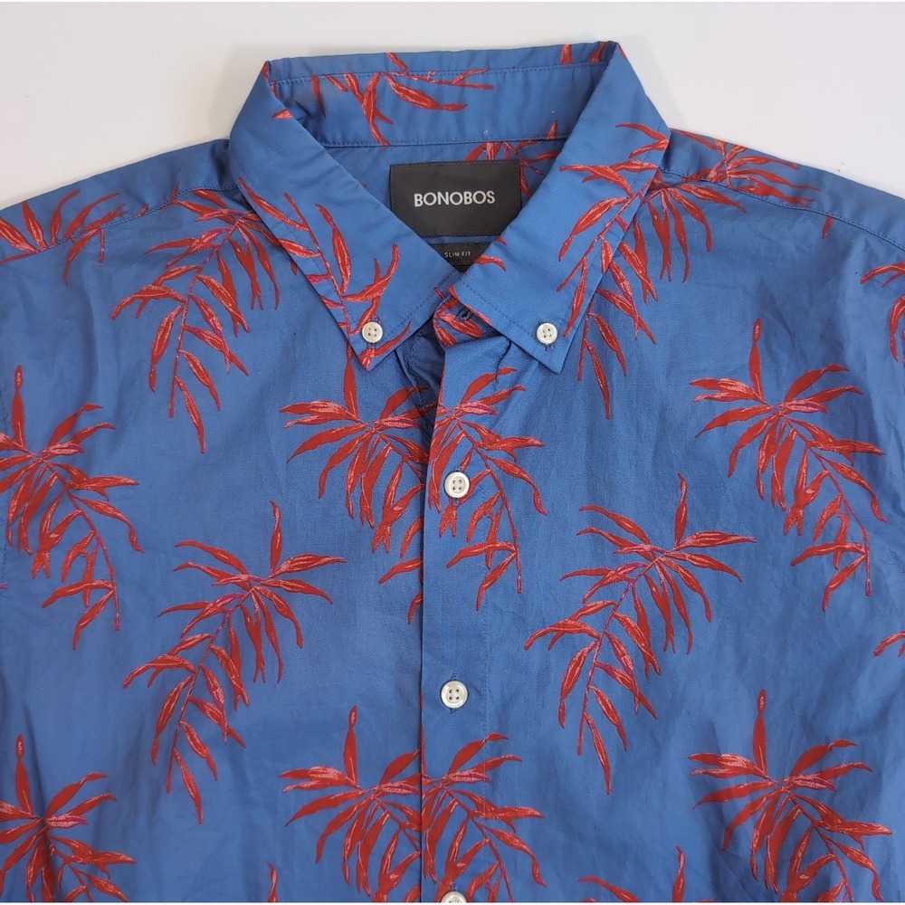 Bonobos Mens M Shirt Blue & Red Tropical Leaf Print Short Sleeve Button-Down